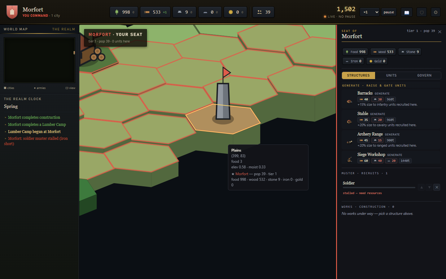 Terregnum alpha client: a close-up of a city's keep tile with its structures and recruitment queue in the production panel.