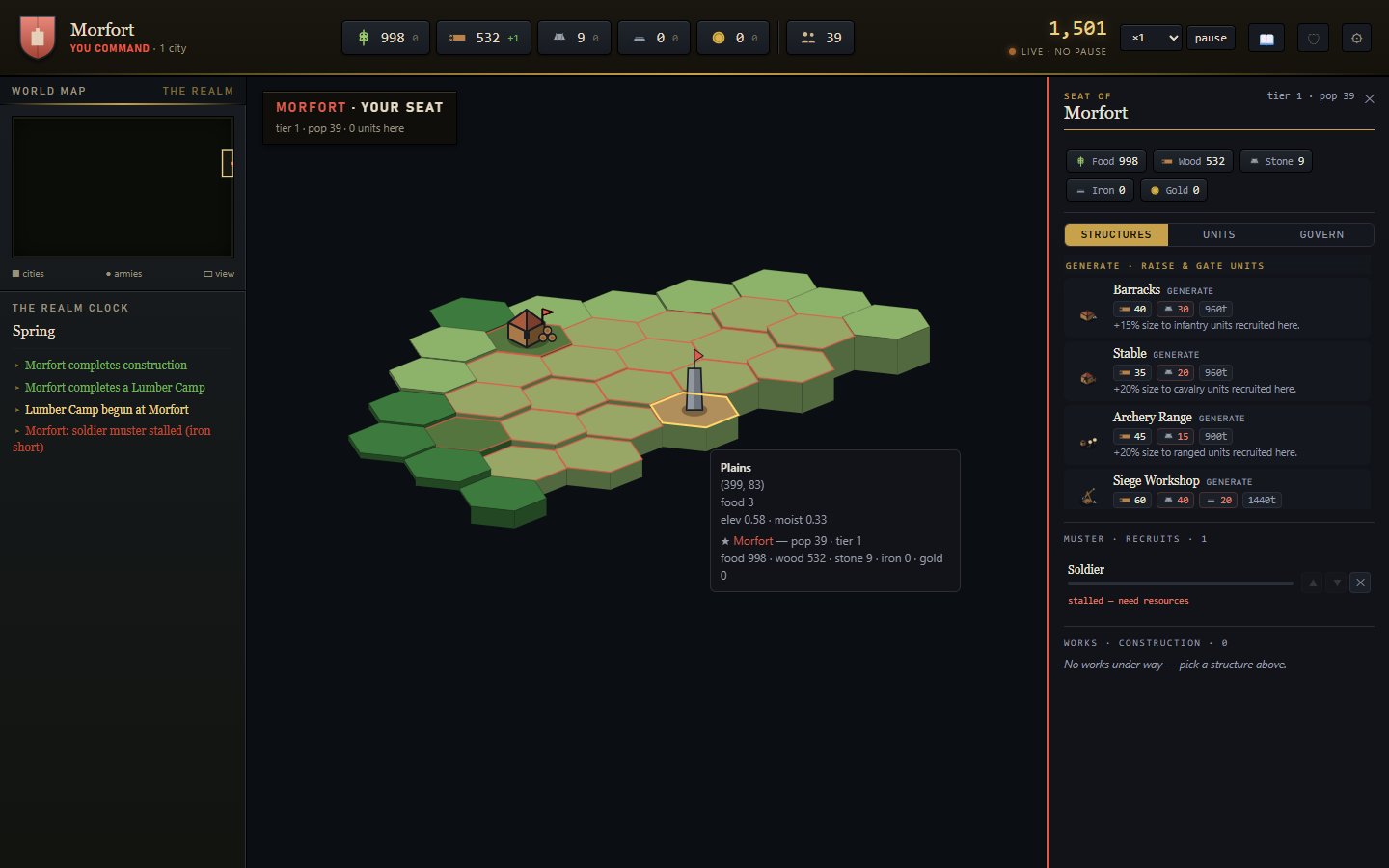 Terregnum alpha client: the hex strategic map around a player's capital, with the realm-clock event log and city production panel open.