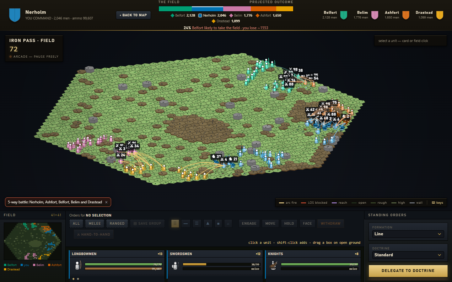 Terregnum alpha client: a five-way tactical battle — five armies' banners across the header, longbow volleys arcing between engaged lines on three fronts.